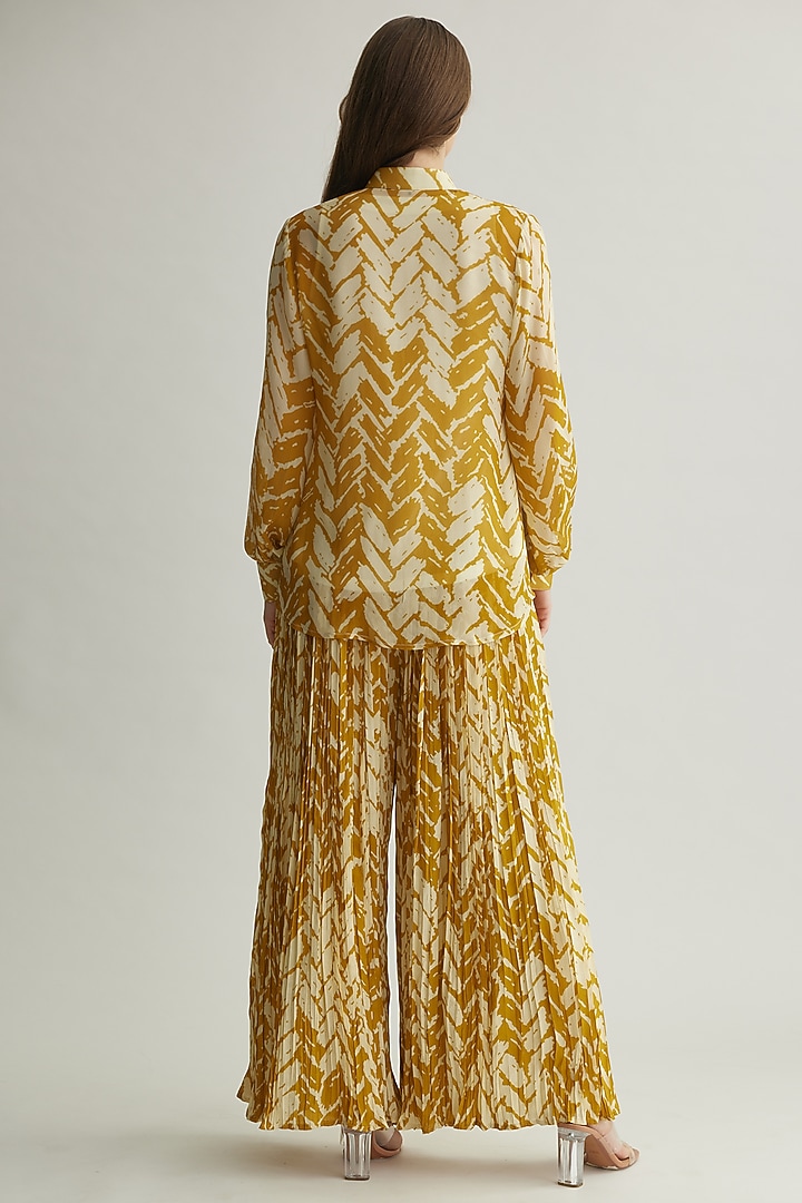Beige & Mustard Georgette Chevron Printed Frilled Shirt by Koai at Pernia's Pop Up Shop