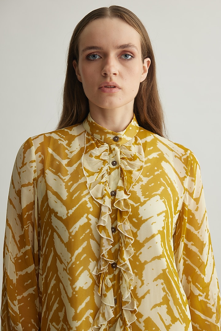 Beige & Mustard Georgette Chevron Printed Frilled Shirt by Koai at Pernia's Pop Up Shop