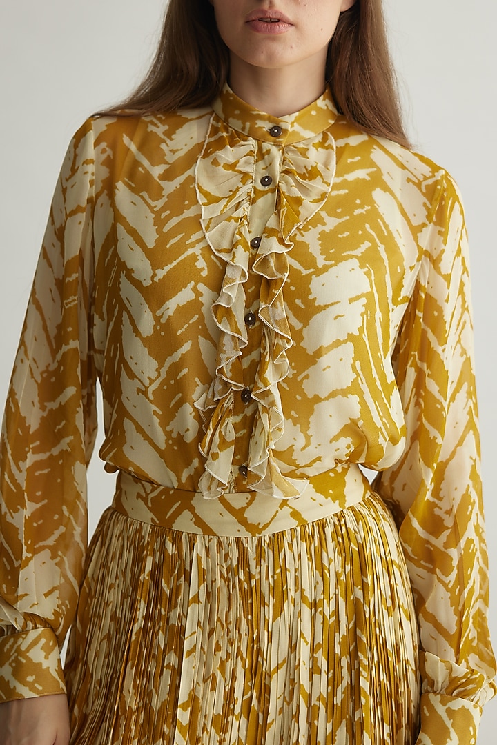 Beige & Mustard Georgette Chevron Printed Frilled Shirt by Koai at Pernia's Pop Up Shop