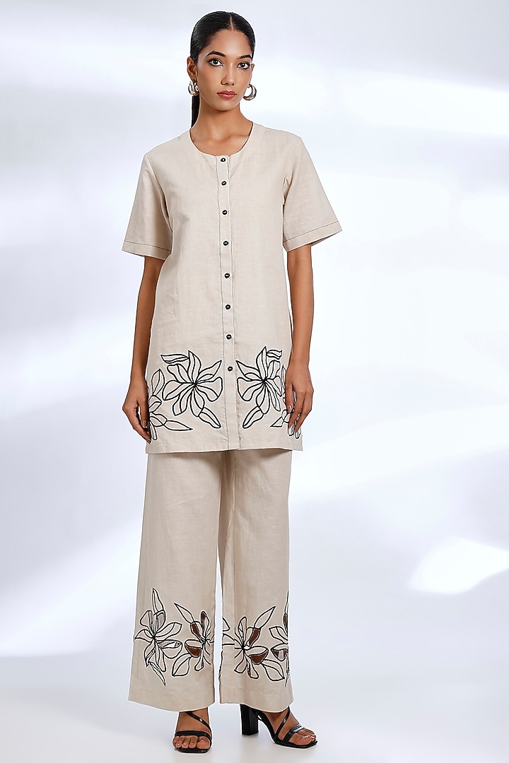 Cream Linen Digital Printed & Embroidered Co-Ord Set by Koai at Pernia's Pop Up Shop