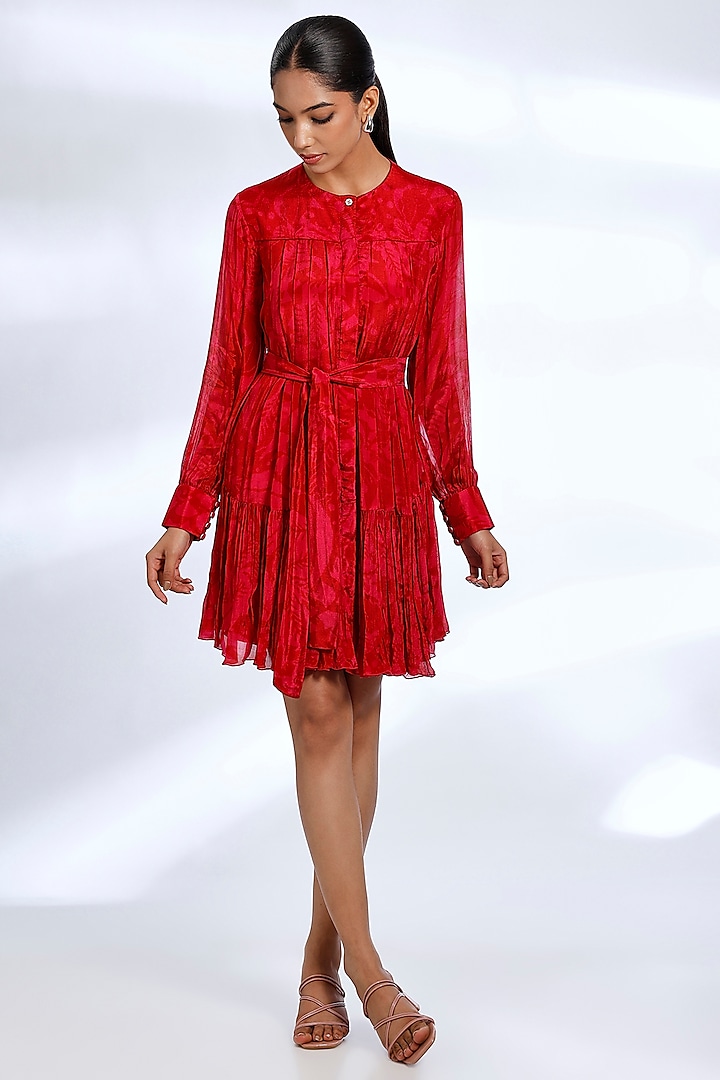 Hot Pink & Red Chiffon Digital Printed Mini Vacation Dress by Koai at Pernia's Pop Up Shop