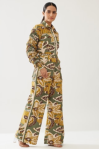 Olive Green & Mustard Poplin Cotton Floral Shirt by Koai