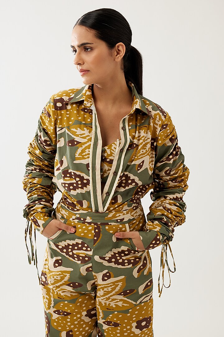 Olive Green & Mustard Poplin Cotton Floral Shirt by Koai at Pernia's Pop Up Shop