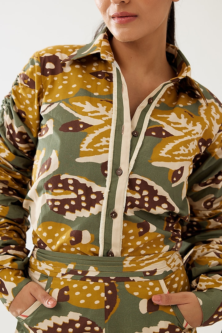 Olive Green & Mustard Poplin Cotton Floral Shirt by Koai at Pernia's Pop Up Shop
