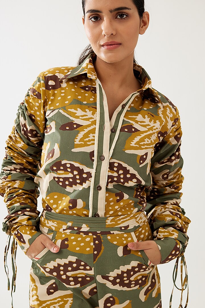 Olive Green & Mustard Poplin Cotton Floral Shirt by Koai at Pernia's Pop Up Shop
