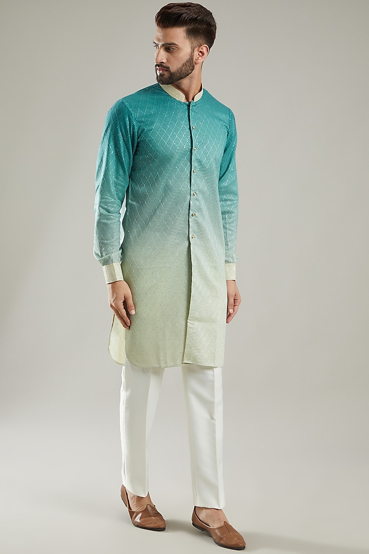 Turquoise Ombre Embroidered Kurta Set by KODEXRAUL