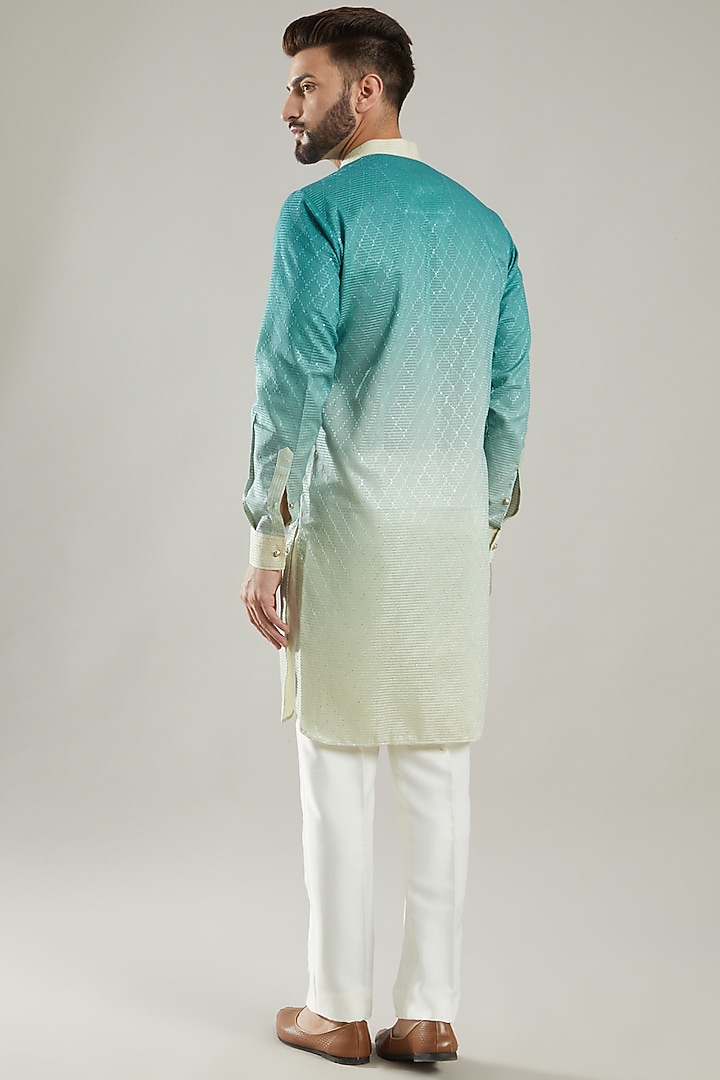 Turquoise Ombre Embroidered Kurta Set by KODEXRAUL at Pernia's Pop Up Shop