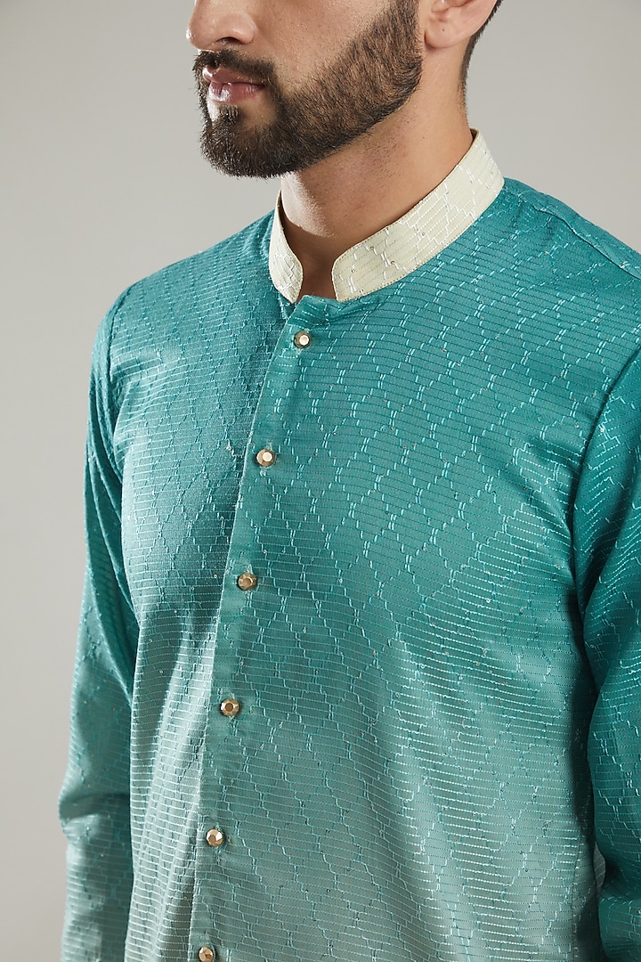 Turquoise Ombre Embroidered Kurta Set by KODEXRAUL at Pernia's Pop Up Shop