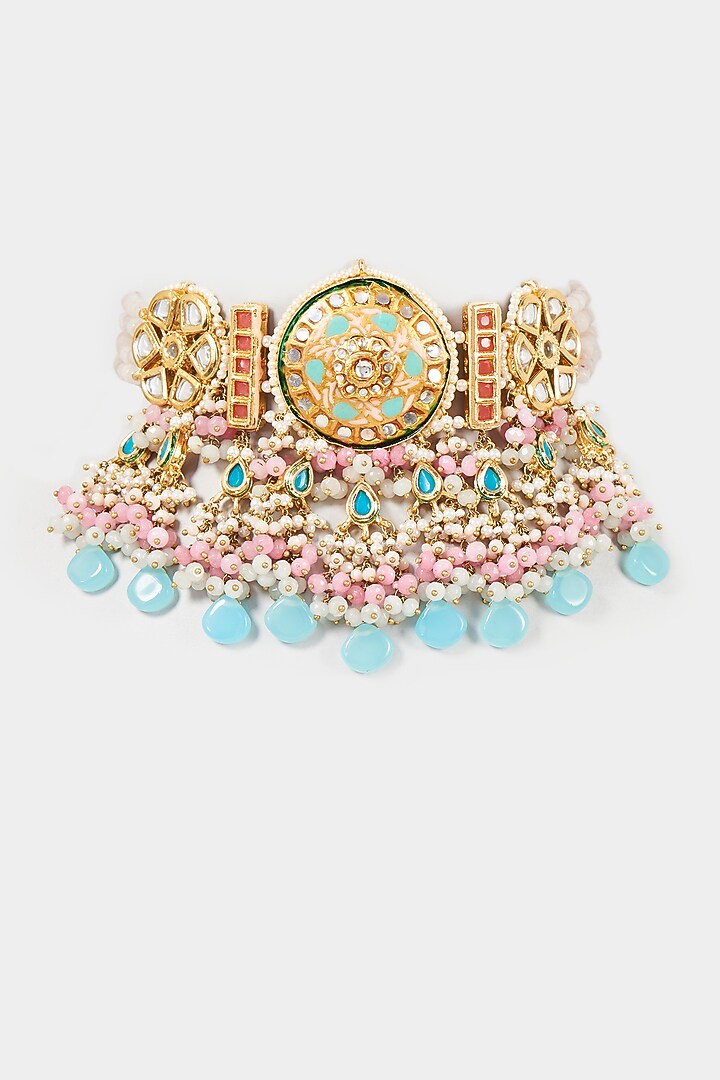 Gold Finish Blue Kundan Polki & Pearl Meenakari Choker Necklace by Kohar By Kanika at Pernia's Pop Up Shop