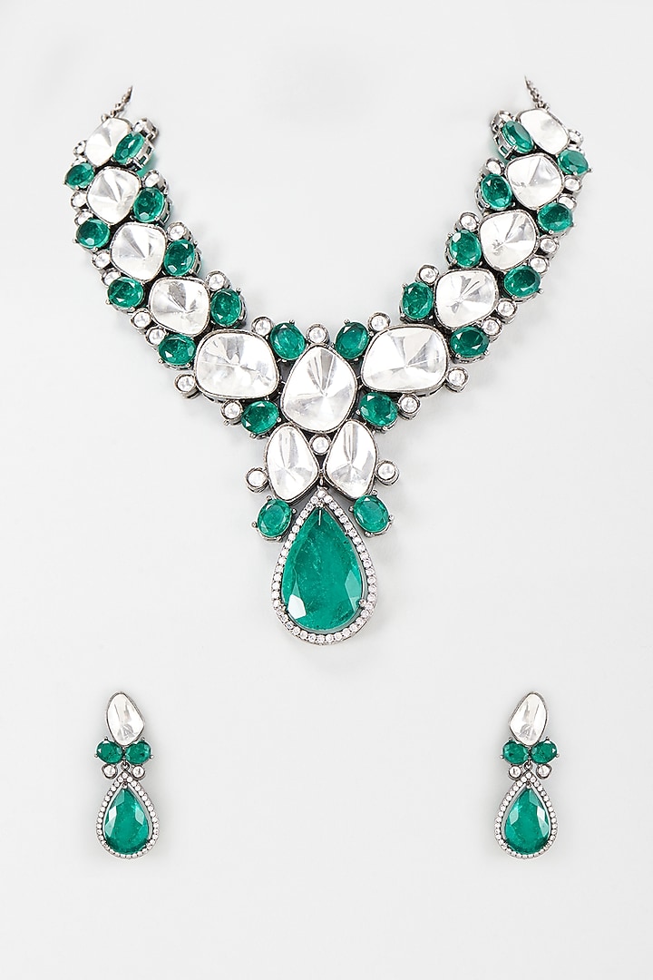 Black Rhodium Finish Emerald Necklace Set by Kohar By Kanika at Pernia's Pop Up Shop