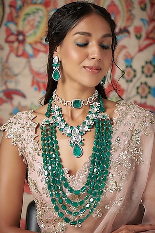 Black Rhodium Finish Emerald Necklace Set by Kohar By Kanika