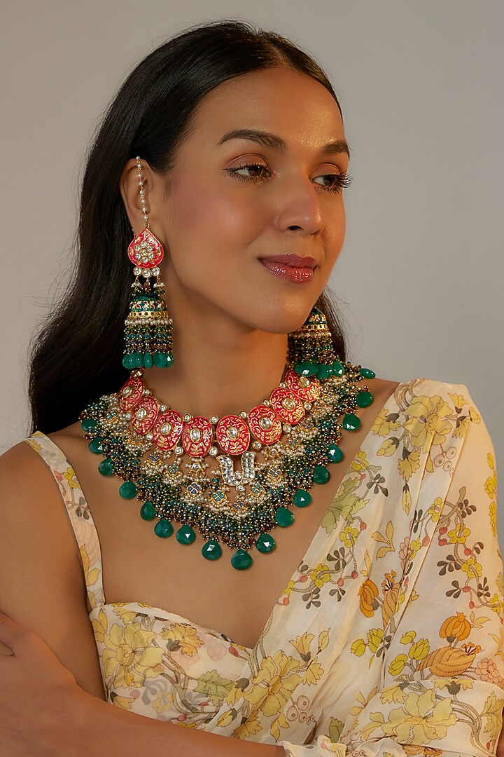 Gold Finish Kundan Polki Meenakari Necklace by Kohar By Kanika at Pernia's Pop Up Shop