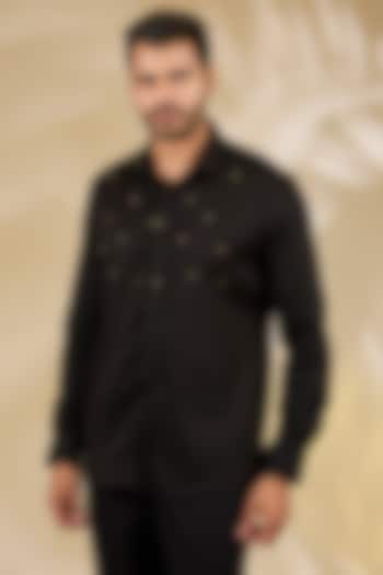 Black Cotton & Satin Hand Embroidered Party Wear Shirt by Komal Kothari at Pernia's Pop Up Shop