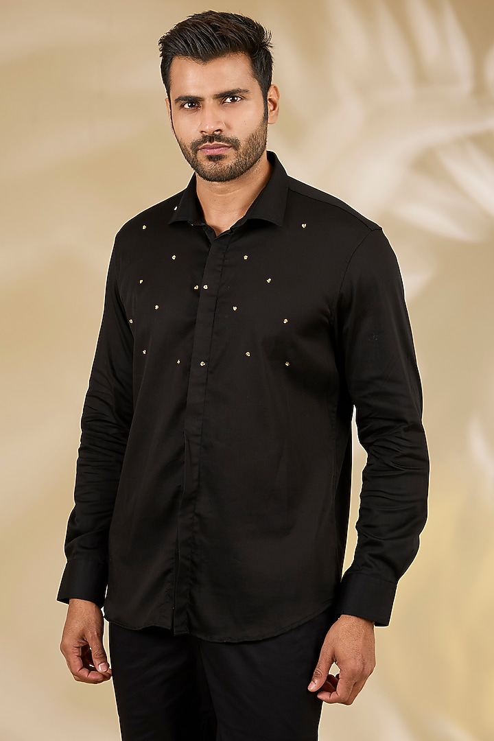 Black Cotton & Satin Hand Embroidered Party Wear Shirt by Komal Kothari at Pernia's Pop Up Shop