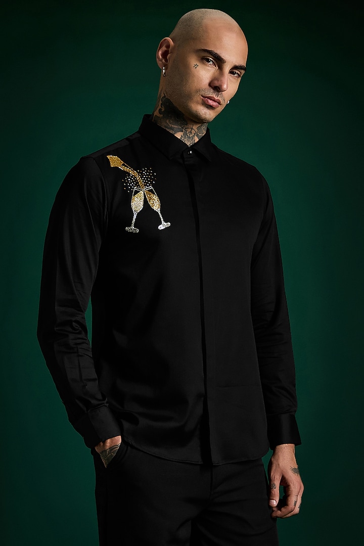 Black Stretch Cotton Satin Hand Embroidered Summer Shirt by Komal Kothari at Pernia's Pop Up Shop
