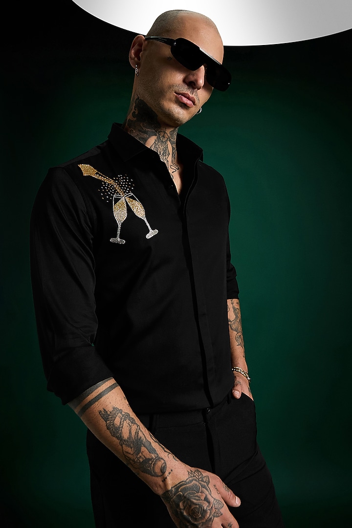 Black Stretch Cotton Satin Hand Embroidered Summer Shirt by Komal Kothari at Pernia's Pop Up Shop
