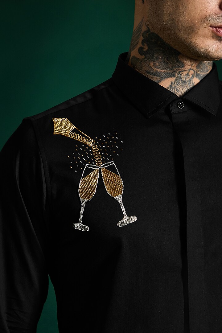Black Stretch Cotton Satin Hand Embroidered Summer Shirt by Komal Kothari at Pernia's Pop Up Shop