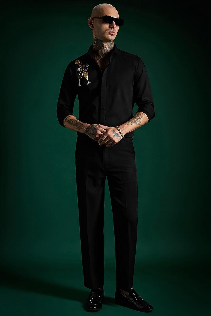 Black Stretch Cotton Satin Hand Embroidered Summer Shirt by Komal Kothari at Pernia's Pop Up Shop