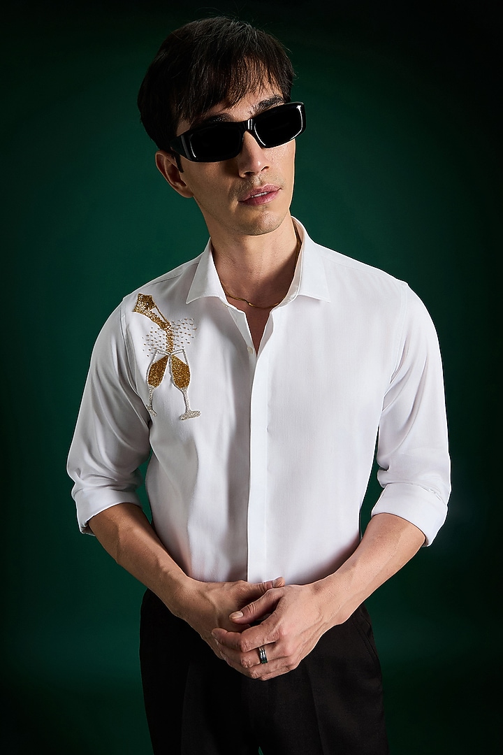 White Stretch Cotton Satin Hand Embroidered Summer Shirt by Komal Kothari at Pernia's Pop Up Shop