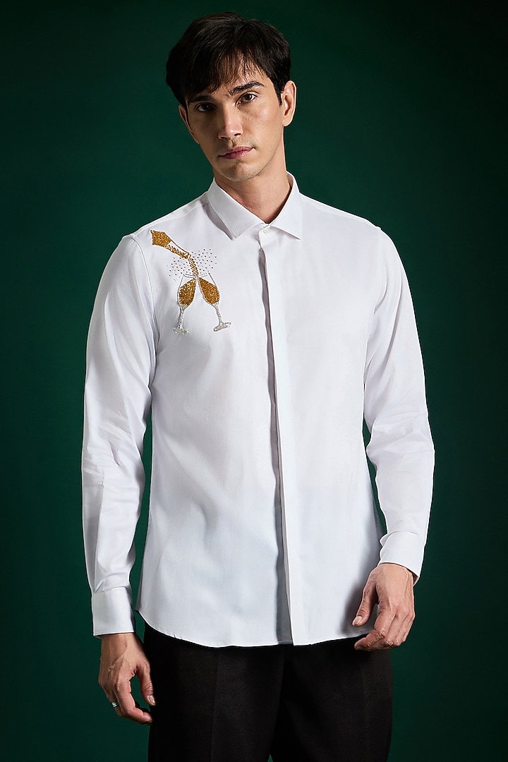 White Stretch Cotton Satin Hand Embroidered Summer Shirt by Komal Kothari  at Pernia's Pop Up Shop