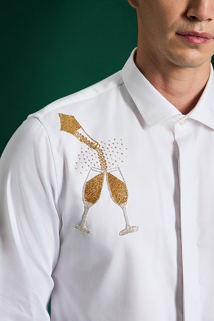 White Stretch Cotton Satin Hand Embroidered Summer Shirt by Komal Kothari  at Pernia's Pop Up Shop