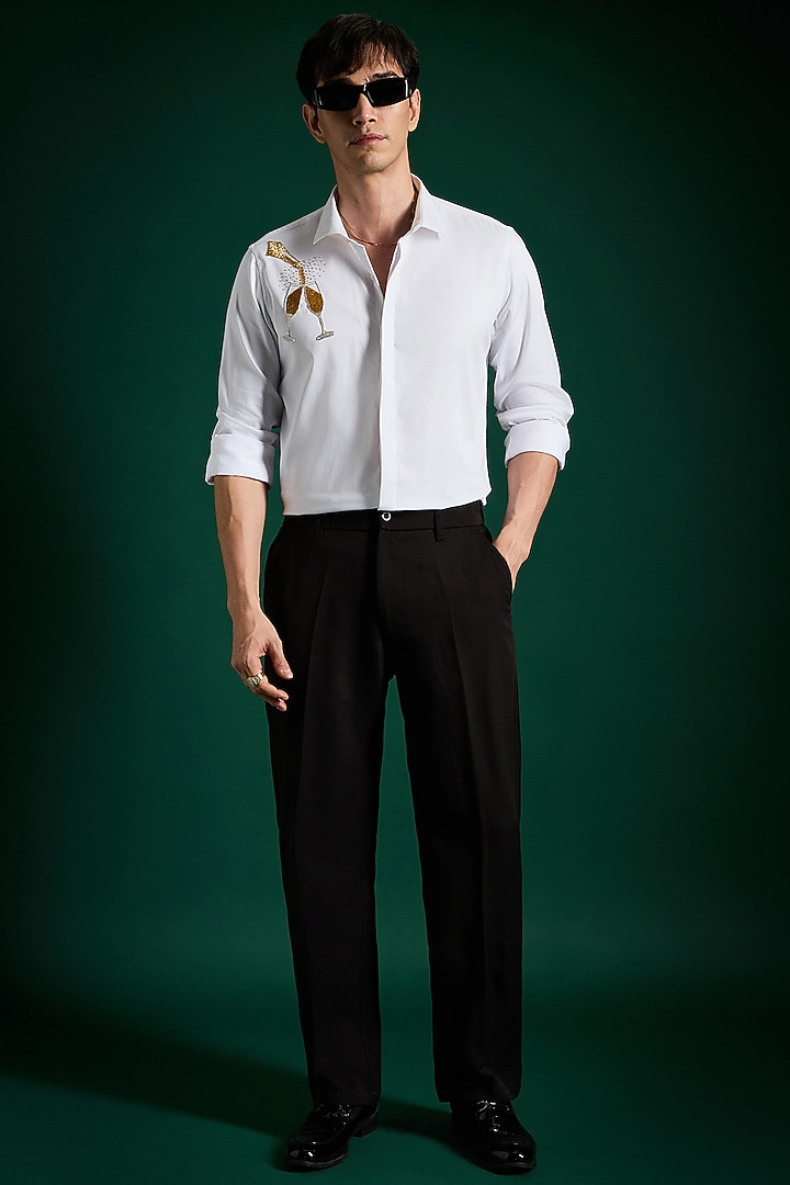 White Stretch Cotton Satin Hand Embroidered Summer Shirt by Komal Kothari  at Pernia's Pop Up Shop