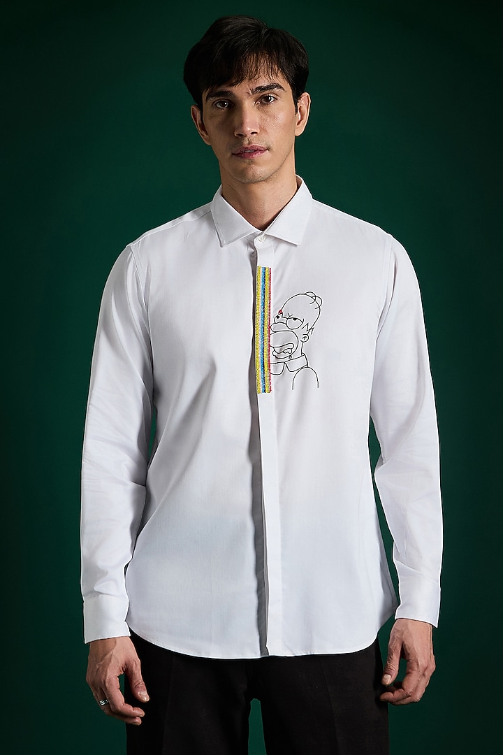 White Stretch Cotton Satin Hand Embroidered Party Wear Shirt by Komal Kothari at Pernia's Pop Up Shop