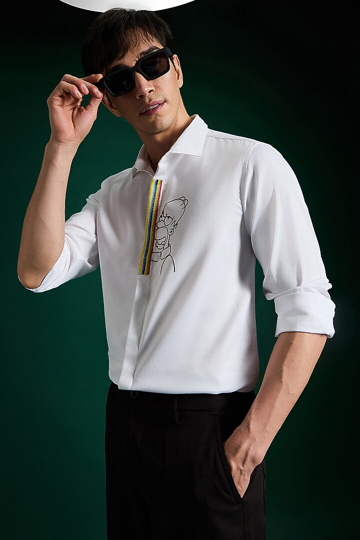 White Stretch Cotton Satin Hand Embroidered Party Wear Shirt by Komal Kothari at Pernia's Pop Up Shop