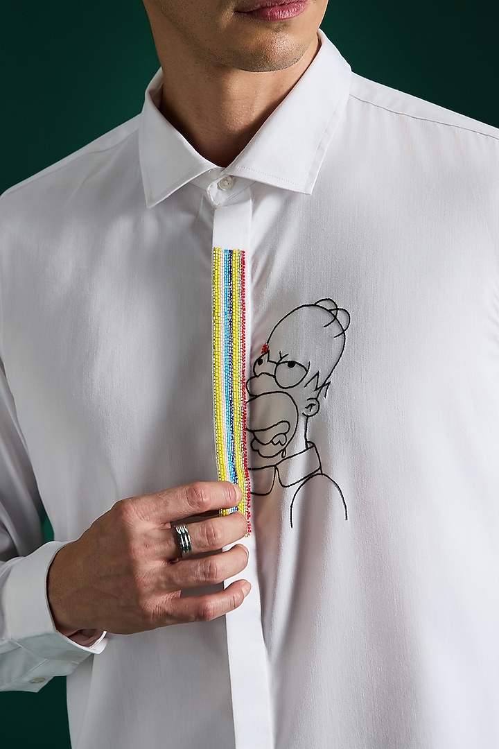 White Stretch Cotton Satin Hand Embroidered Party Wear Shirt by Komal Kothari at Pernia's Pop Up Shop