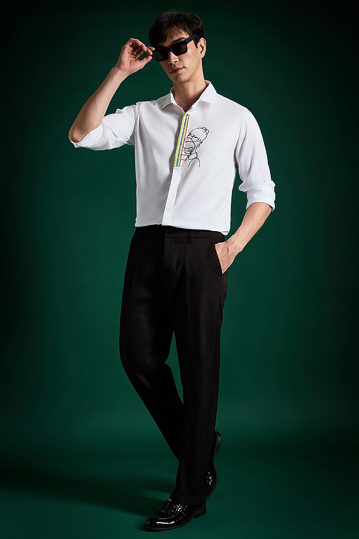 White Stretch Cotton Satin Hand Embroidered Party Wear Shirt by Komal Kothari at Pernia's Pop Up Shop