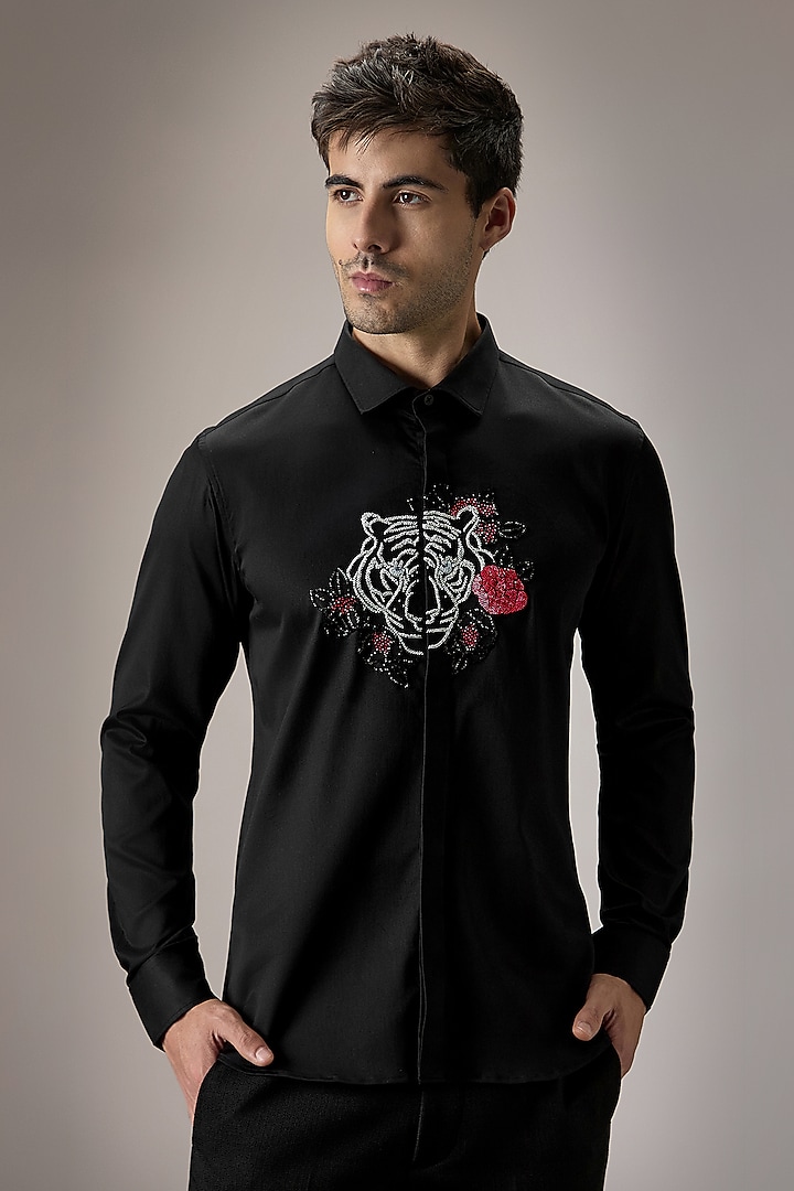 Black Cotton Tiger Hand Embroidered Party Wear Shirt by Komal Kothari at Pernia's Pop Up Shop