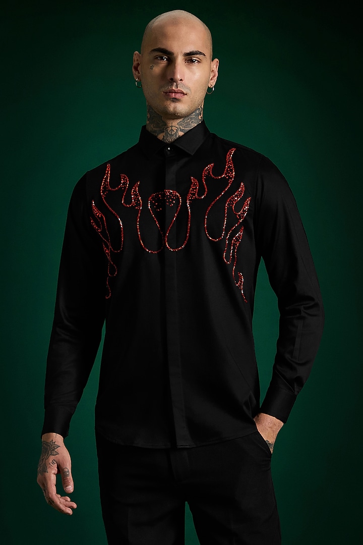 Black Stretch Cotton Satin Flames Hand Embroidered Party Wear Shirt by Komal Kothari at Pernia's Pop Up Shop