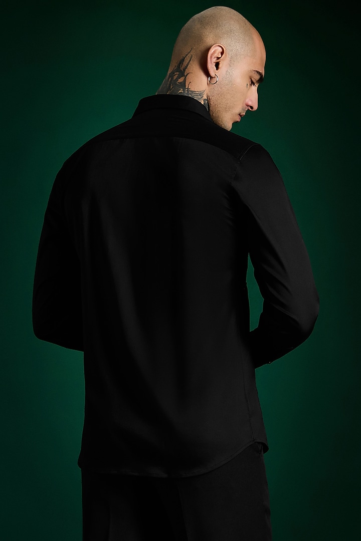 Black Stretch Cotton Satin Flames Hand Embroidered Party Wear Shirt by Komal Kothari at Pernia's Pop Up Shop