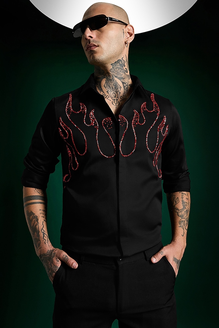 Black Stretch Cotton Satin Flames Hand Embroidered Party Wear Shirt by Komal Kothari at Pernia's Pop Up Shop