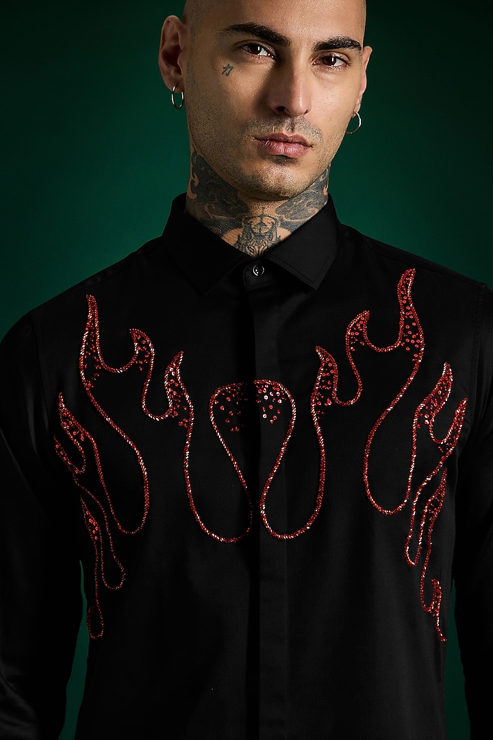Black Stretch Cotton Satin Flames Hand Embroidered Party Wear Shirt by Komal Kothari at Pernia's Pop Up Shop