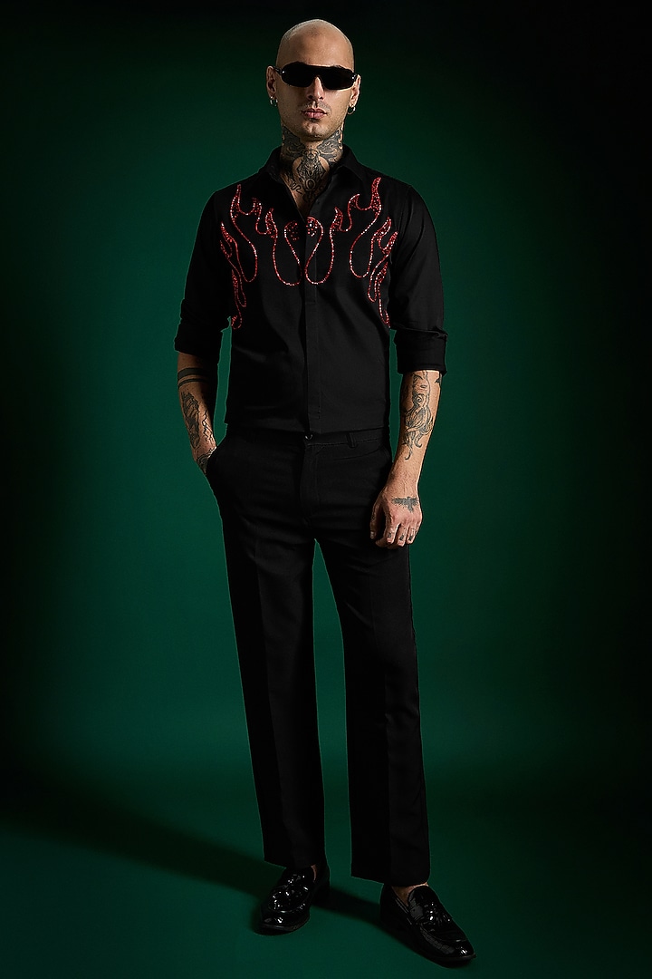Black Stretch Cotton Satin Flames Hand Embroidered Party Wear Shirt by Komal Kothari at Pernia's Pop Up Shop