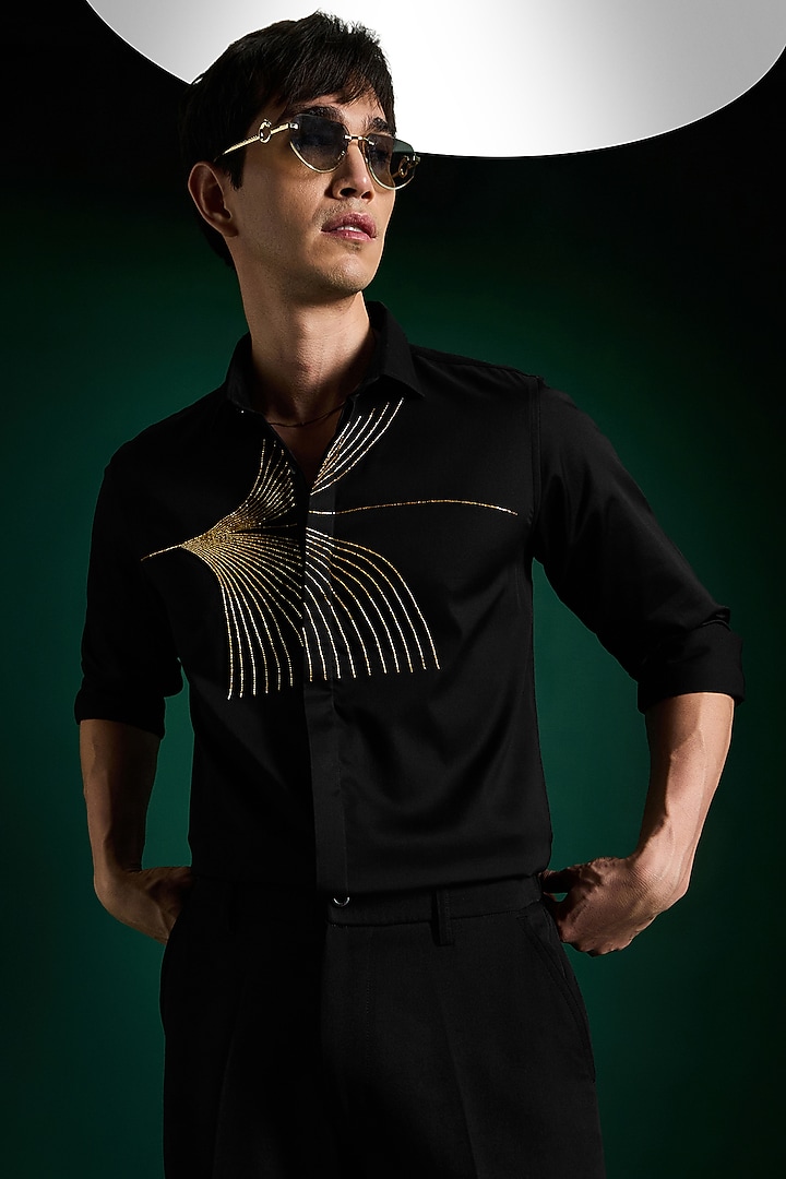 Black Stretch Cotton Satin Hand Embroidered Party Wear Shirt by Komal Kothari at Pernia's Pop Up Shop