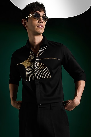 Black Stretch Cotton Satin Hand Embroidered Shirt by Komal Kothari 