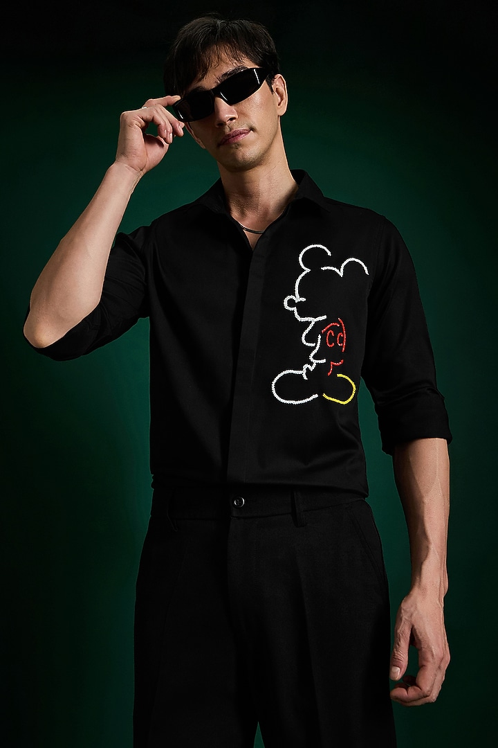 Black Stretch Cotton Satin Hand Embroidered Party Wear Shirt by Komal Kothari at Pernia's Pop Up Shop