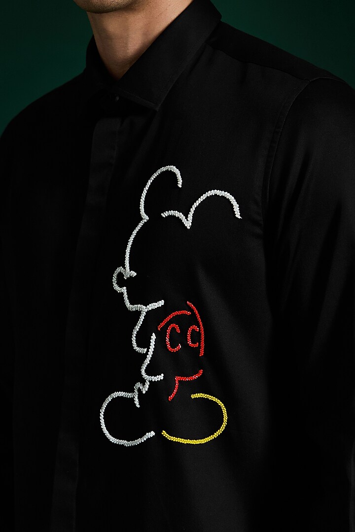 Black Stretch Cotton Satin Hand Embroidered Party Wear Shirt by Komal Kothari at Pernia's Pop Up Shop