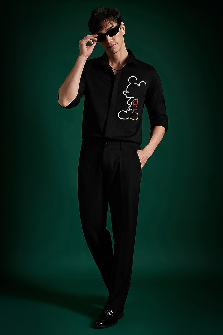 Black Stretch Cotton Satin Hand Embroidered Party Wear Shirt by Komal Kothari at Pernia's Pop Up Shop