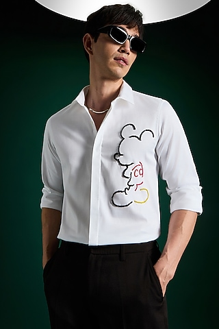 White Stretch Cotton Satin Hand Embroidered Shirt by Komal Kothari 
