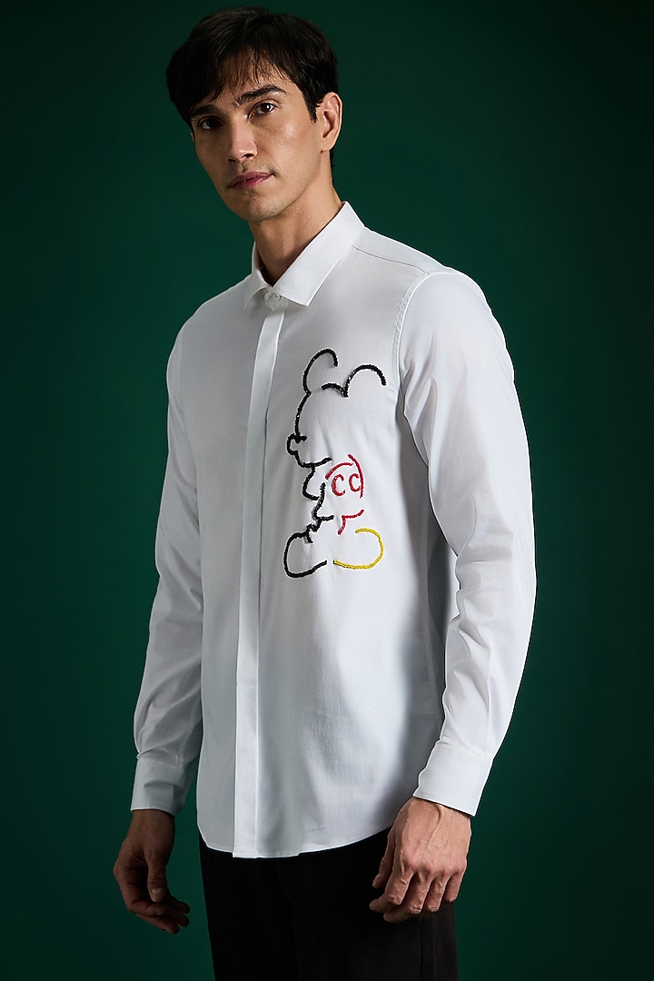 White Stretch Cotton Satin Hand Embroidered Party Wear Shirt by Komal Kothari at Pernia's Pop Up Shop