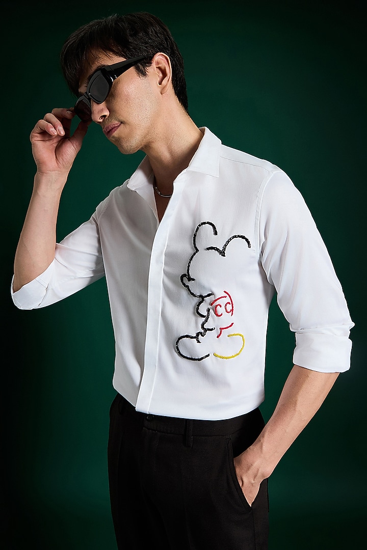 White Stretch Cotton Satin Hand Embroidered Party Wear Shirt by Komal Kothari at Pernia's Pop Up Shop