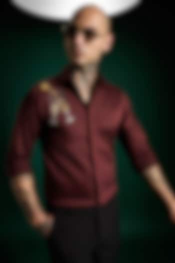 WIne Stretch Cotton Satin Hand Embroidered Summer Shirt by Komal Kothari at Pernia's Pop Up Shop