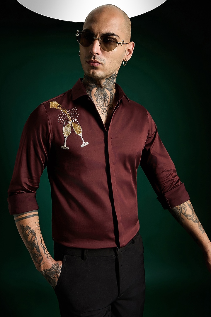 WIne Stretch Cotton Satin Hand Embroidered Summer Shirt by Komal Kothari at Pernia's Pop Up Shop