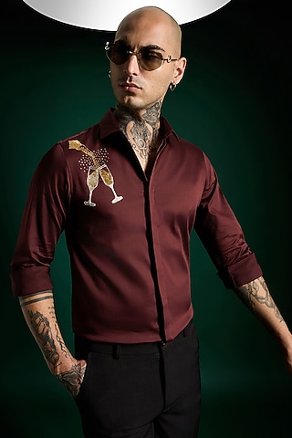 WIne Stretch Cotton Satin Hand Embroidered Shirt by Komal Kothari 