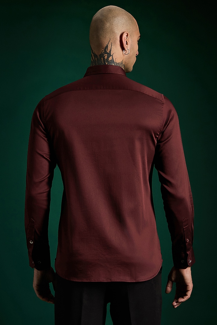 WIne Stretch Cotton Satin Hand Embroidered Summer Shirt by Komal Kothari  at Pernia's Pop Up Shop