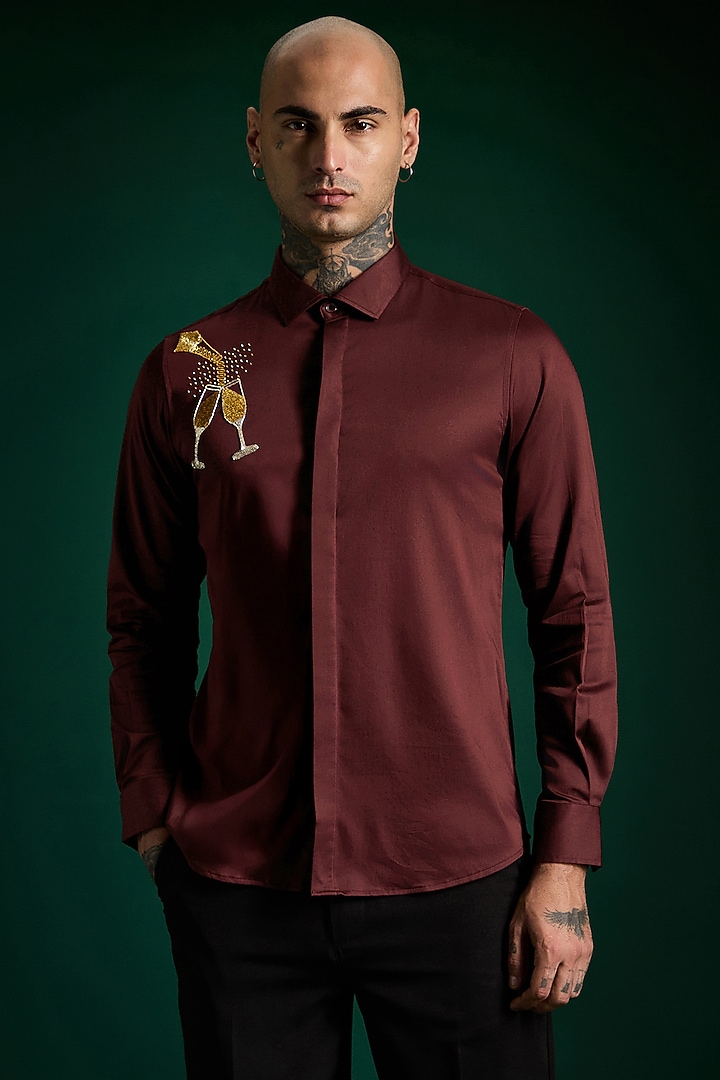 WIne Stretch Cotton Satin Hand Embroidered Summer Shirt by Komal Kothari  at Pernia's Pop Up Shop
