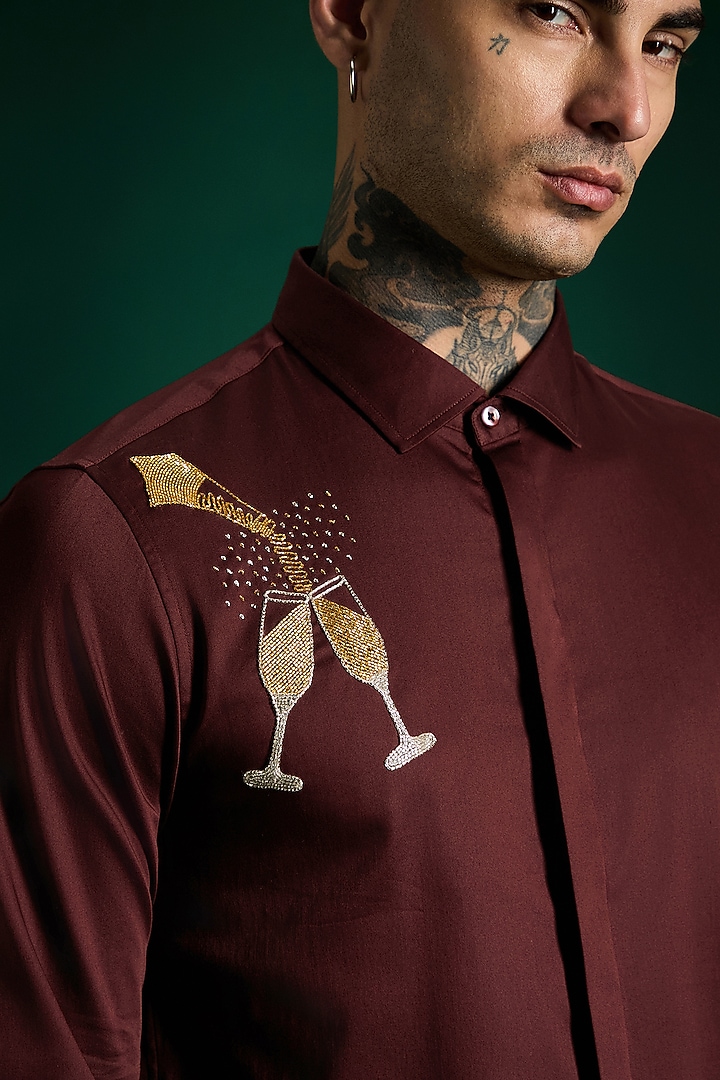 WIne Stretch Cotton Satin Hand Embroidered Summer Shirt by Komal Kothari  at Pernia's Pop Up Shop